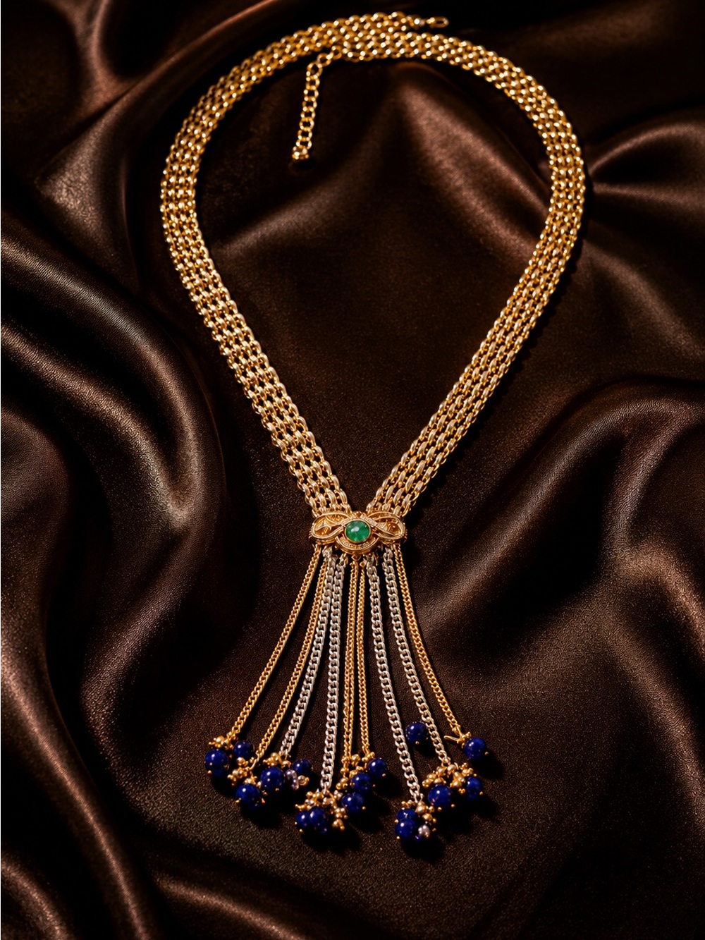 Gold-Tone Necklace with Emerald Accent and Blue Bead Tassels